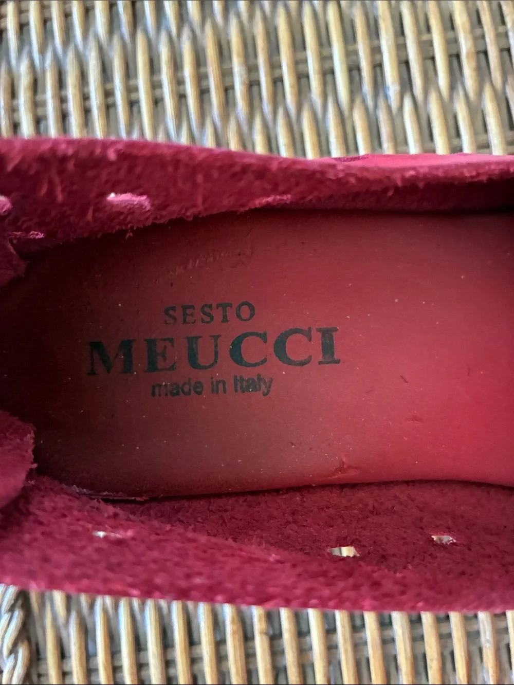 Sesto Meucci Red Perforated Suede open-toed shoes. Zipper in back at heel